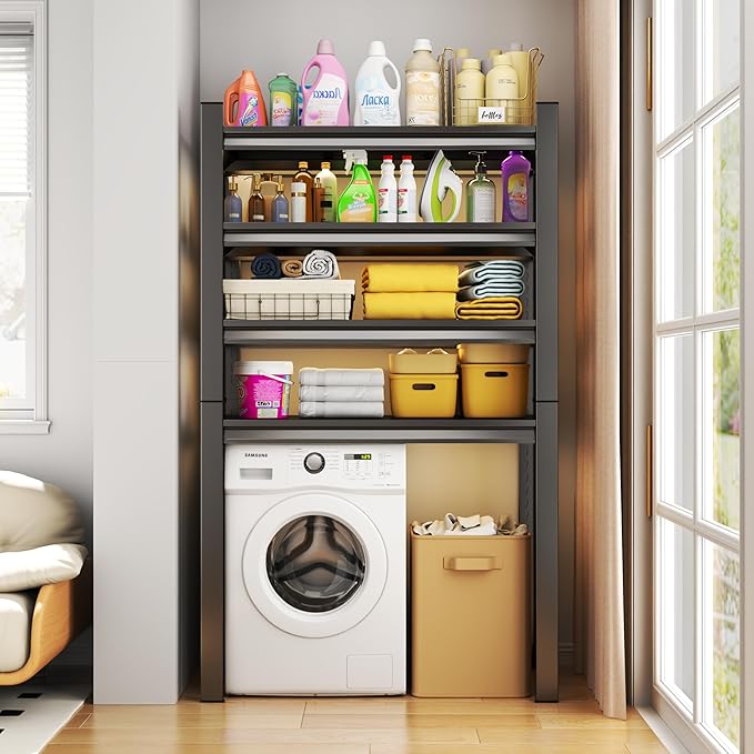Over Washer and Dryer Storage Shelves,5 Tiers Laundry Room Standing Shelf,Adjustable Metal Shelving Unit,Space Saving Shelf, 63" H x 31.5" W x 15.7" D, Black-Ruum Studio Home