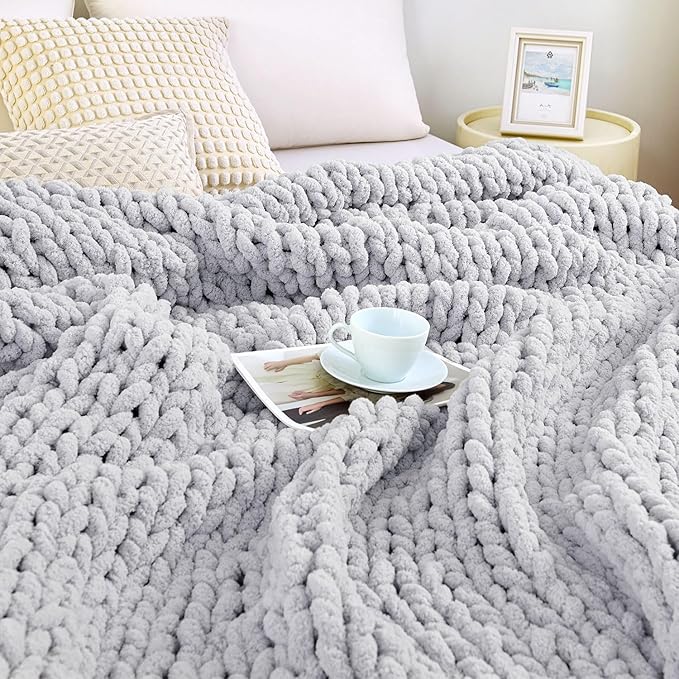 Admitrack Chunky Knit Blanket Throw, 100% Hand Knit Chenille Throw Blanket for Sofa & Home Decor, Soft and Cozy Knitted Throw Blankets (Light Gray，51"x63")-Ruum Studio Home