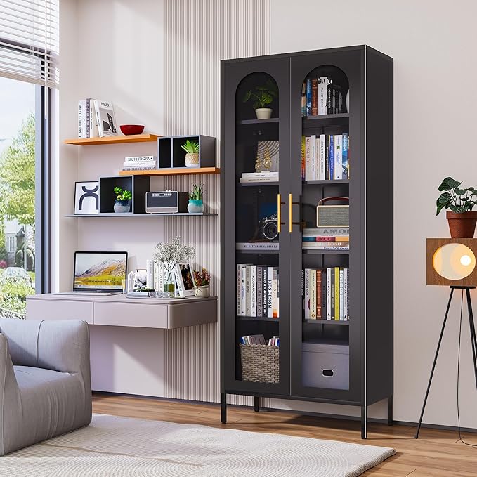 71" Tall Display Cabinet, 5-Tier Bookshelf with Doors & Adjustable Shelf, Modern Storage Cabinets Ideal for Book, Wine, Collectibles, Free Standing Bookcase for Home, Office, Living Room-Ruum Studio Home