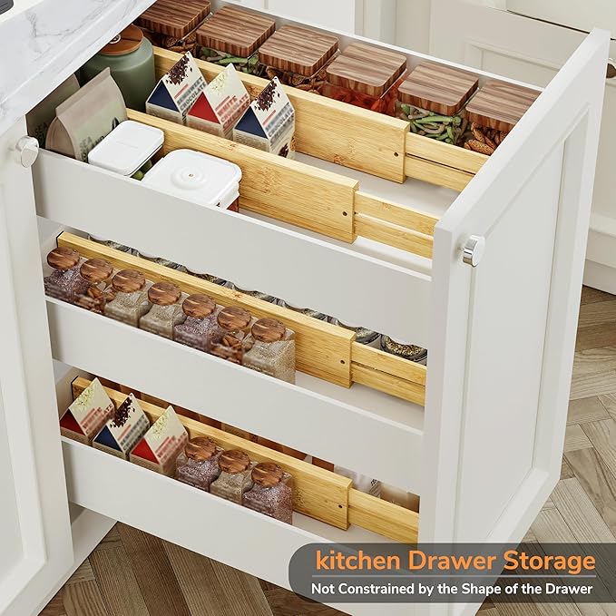 BAMEOS 3" H Bamboo Drawer Dividers - Adjustable Expandable Drawer Organizer - Kitchen, Bathroom, Bedroom & Office, 4-pack-Ruum Studio Home