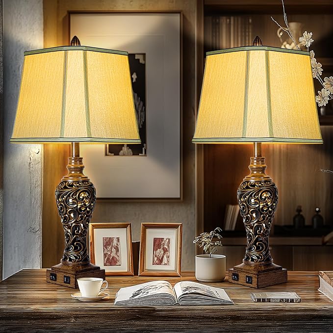 28.5'' Tall Farmhouse Vintage Table Lamp Set of 2 with Faux Silk Shade USB Ports Nightlight Decor for Bedside Living Room Bedroom Nightstands Office Home, Dark Bronze(Bulbs Included)-Ruum Studio Home
