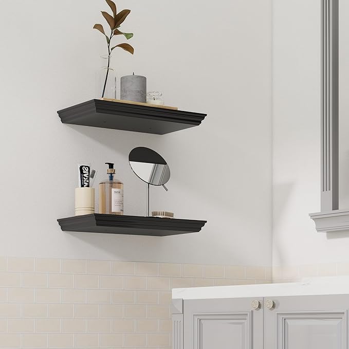 Floating Shelves for Wall, 16 Inch Wall Mounted Black Hanging Shelf for Kitchen, Living Room, Office, Bedroom, Bathroom, Retro Vintage Wood Bookshelf for House Decor-Ruum Studio Home