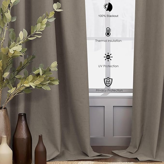 Brown Blackout Curtains 90 Inch Length Thick Linen Patio Drapes for Insulated Sliding Glass Doors Cute Curtains for Nursery Bedroom Aesthetic Modern Farmhouse Decor Back Tab 2 Panels Set 7.5 ft Long-Ruum Studio Home