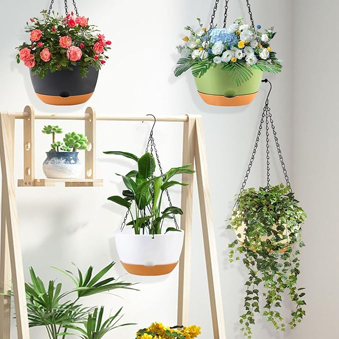 8/10/12 inch Hanging Planters for Indoor Outdoor Plants with Self-Watering Pots, 3 Pack Plastic Hanging Basket with Removable Tray for Home Garden Porch Balcony Patio Decor(White)-Ruum Studio Home