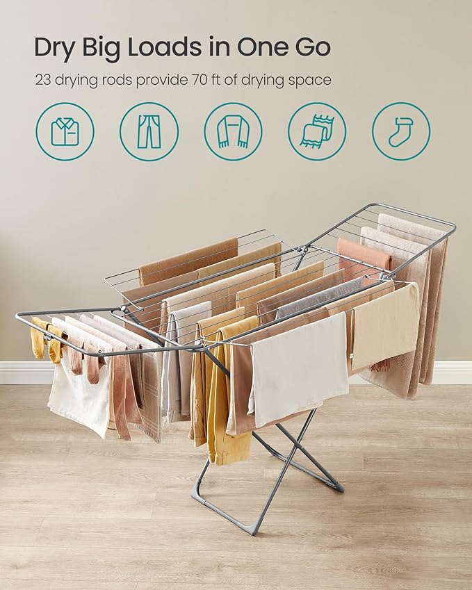 SONGMICS Clothes Drying Rack, Metal Laundry Drying Rack, Foldable, Space-Saving, Free-Standing Airer, with 4 Gullwings, Indoor Outdoor Use, Bed Linen Clothing, Gray ULLR541G01-Ruum Studio Home