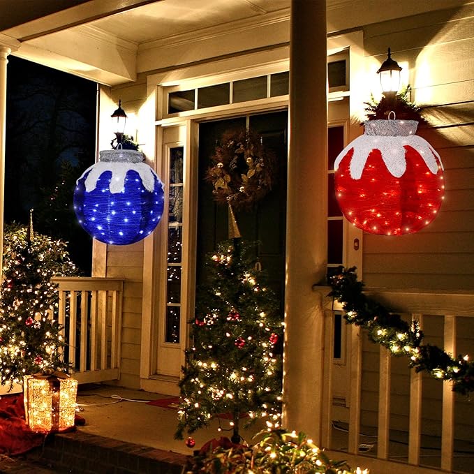 BRIGHTDECK 2 Pcs Outdoor Christmas Ornaments, Lighted Pop-Up Outdoor Holiday Ball Decoration with 80 LED Lights, 8 Light Modes, Lighted Collapsible Holiday Decorations for Yard, Home (RedBlue)-Ruum Studio Home