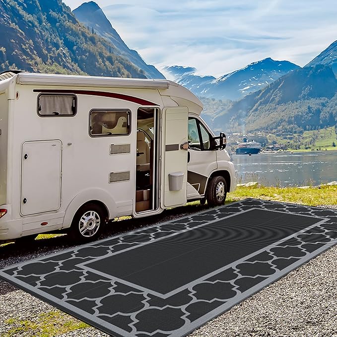 GENIMO 9' x 18' Outdoor Rug Waterproof for Patio, Foldable Reversible Plastic Straw Area Rugs Mat for Rv Decor, Outside Carpet for Camper, Deck, Picnic, Beach, Balcony, Porch, Black & Grey-Ruum Studio Home