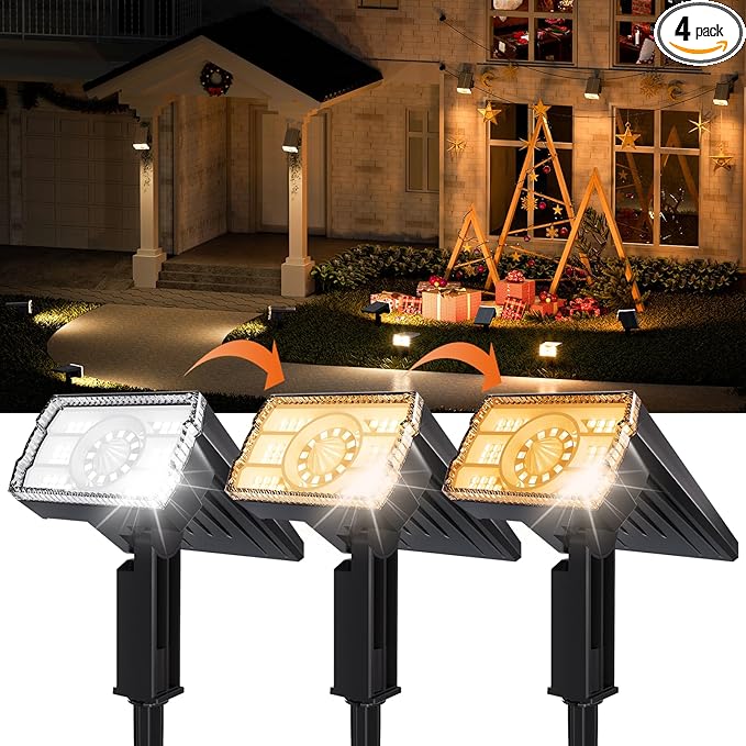 Solar Spotlights Outdoor Waterproof IP67,4 Pack Adjustable Wall&Ground Solar Lights Powered with 3 Colors, 3 Modes, Dusk to Dawn for Pathway/Garden/Yard/Patio/Driveway/Landscape Lighting Outside Decor-Ruum Studio Home