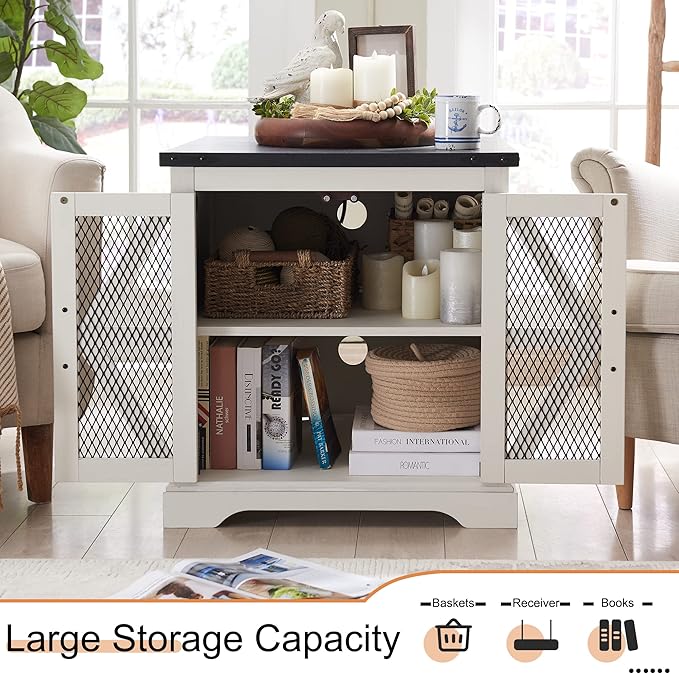 JXQTLINGMU Farmhouse End Table, 24" Large Sofa Side Table with Charging Station, Mesh Barn Door, and Adjustable Storage Shelf, Rustic Wood Square Nightstand for Living Room, Bedroom, Office, White-Ruum Studio Home
