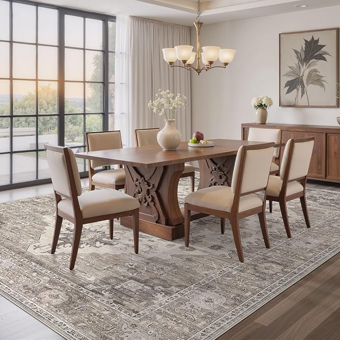 Washable Area Rugs for Living Room -6x9 Neutral Vintage Distressed Floral Farmhouse Boho Large Soft Floor Rug Indoor Non Slip Carpet for Living Room Bedroom Dining Room Office-Brown/Beige-Ruum Studio Home