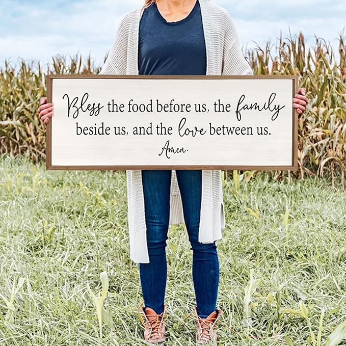 Bless the Food Before Us Sign Wall Decor 40"X15" Large Farmhouse Dining Room Wall Decor Framed Wood Rustic Home Wall Art Kitchen Hanging Decoration (Wood White)-Ruum Studio Home