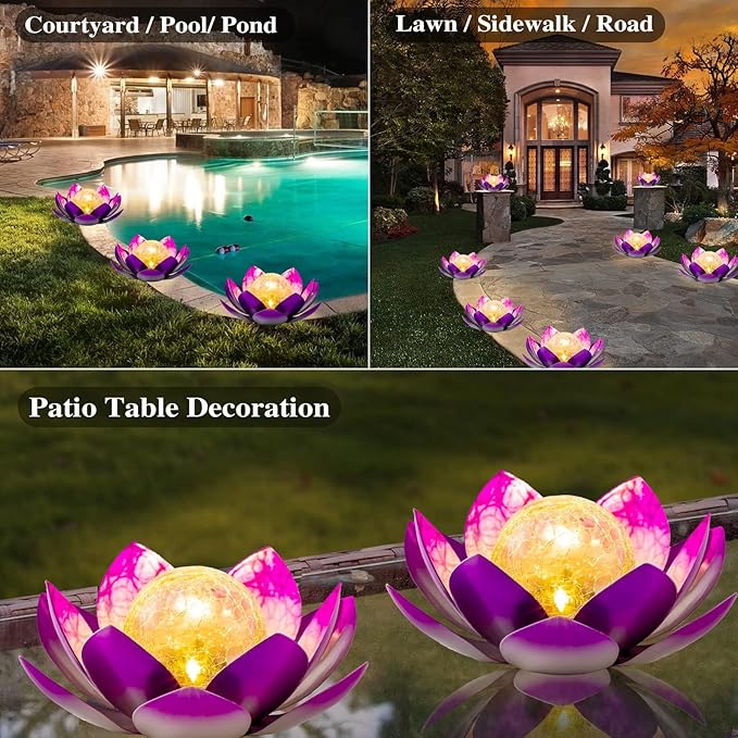 Solar Light Outdoor(2Pack), Art Crackle Globe Glass Lotus Decoration, Solar LED Waterproof Purple Metal Flower Lights for Patio,Lawn,Walkway,Tabletop-Ruum Studio Home