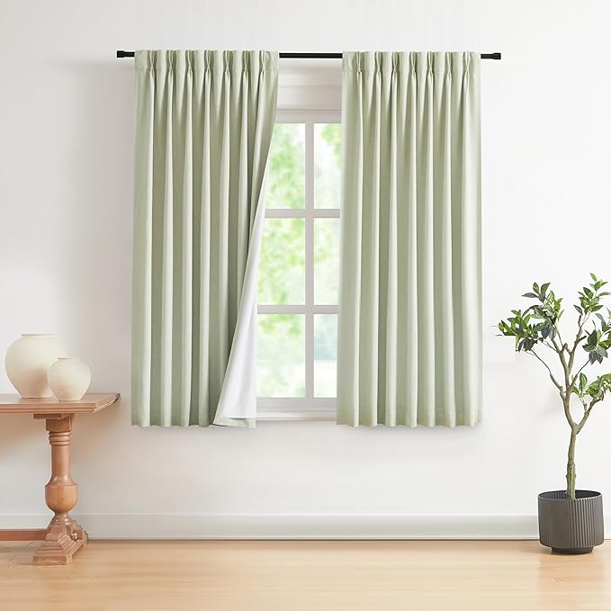 Vision Home Soft Green Pinch Pleated Full Blackout Curtains Linen Blended Room Darkening Curtain Panels 72 inch for Living Room Bedroom Thermal Insulated Pinch Pleat Drapes with Hooks 40" Wx72 Lx2-Ruum Studio Home