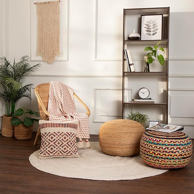 REDEARTH · Round Pouf Ottoman - Braided Boho Poof Home Décor Pouffe Accent Sitting Circular Foot Rest for Living Room, Bedroom, Nursery, Lounge; Jute and Cotton Set of 2 (19.5"x19.5"x14"; Multi)-Ruum Studio Home