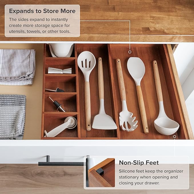 Adjustable Kitchen Drawer Organizer for Utensils and Junk, Food-Safe Contract Grade with 100% Sustainable Wood, Non-Slip, Expandable from 10.5 to 18.5 Inches Wide - Natural Acacia-Ruum Studio Home