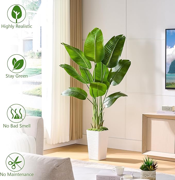 Lifelike Bird of Paradise Silk Artificial Plant Faux Banana Leaf Tree for Home Decor - Perfect Indoor Floor Plant with 9 Trunks (1, White Tall Planter, 5 FT)-Ruum Studio Home