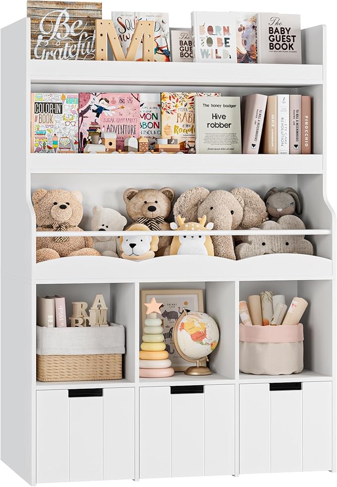 HITHOS 55.3" H Kids Bookshelf with Toy Storage Organizer, Tall Book Shelf with 3 Movable Toy Storage Bins, Large Kids Bookcase with Toy Chest, 39.2" W Modern Toy Box for Kid Room, Playroom, White-Ruum Studio Home