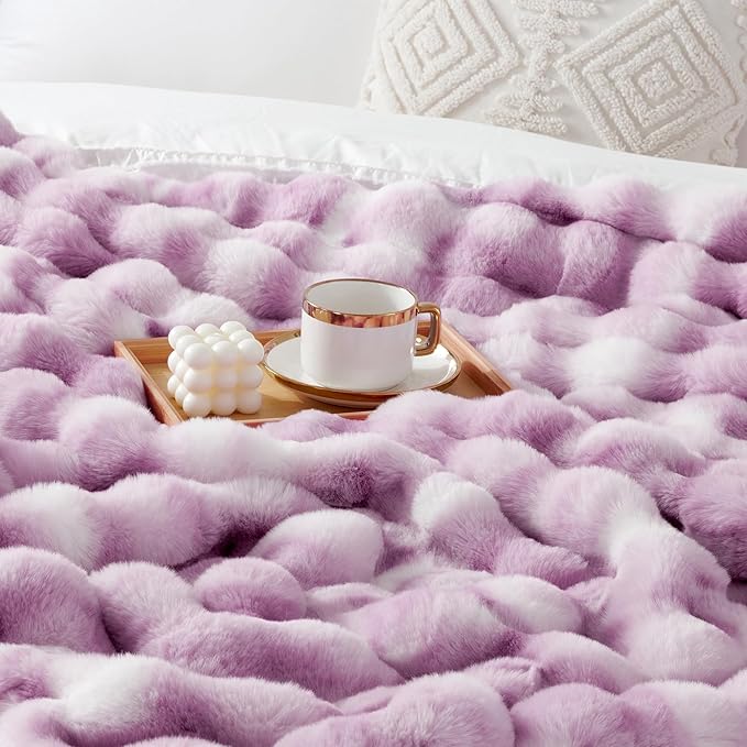 Touchat Luxury 1000GSM Faux Rabbit Fur Throw Blanket for Women, Super Heavy Warm Cozy Blankets for Couch Bed Sofa, Bubble Plush Fuzzy Soft Mink Blanket for Living Room Bedroom, Purple-Ruum Studio Home