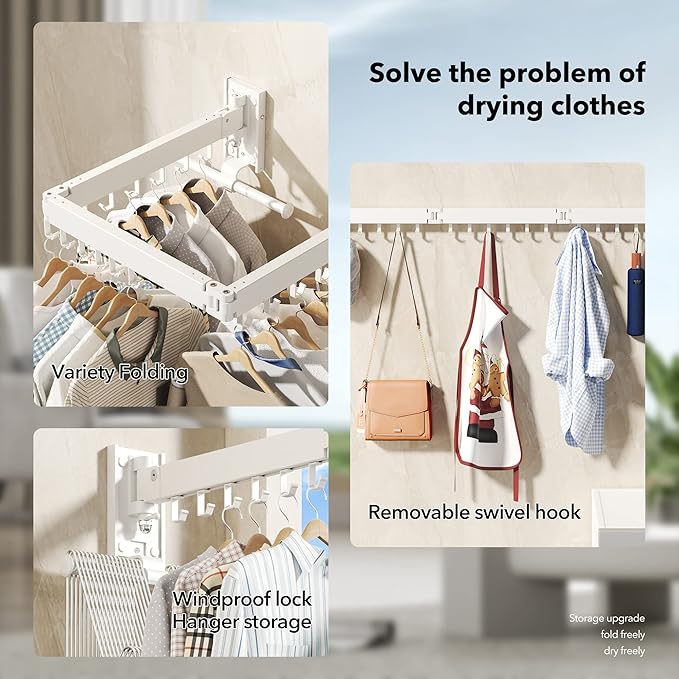 Wall Mounted Clothes Hanger Rack, Clothes Drying Rack,Laundry Drying Rack,Collapsible Clothes Rack Wall Mount, Retractable Drying Rack Clothing,can Fold Upward & Left & Right,White Color-Ruum Studio Home