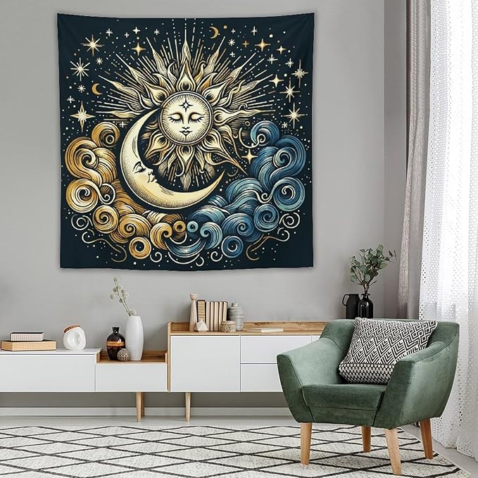 HZOHNAGO Sun Moon Tapestry Boho Golden Stars Pattern Printed Wall Tapestry Wall Hanging for Bedroom Living Room Dorm 60" W x 60" H-Ruum Studio Home