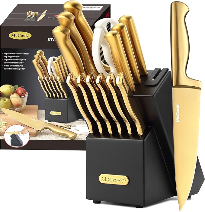 McCook® Knife Sets, Golden Titanium Stainless Steel Kitchen Knife Block Sets with Built-in Sharpener-Ruum Studio Home