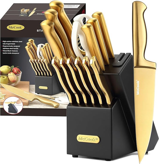 McCook® Knife Sets, Golden Titanium Stainless Steel Kitchen Knife Block Sets with Built-in Sharpener-Ruum Studio Home