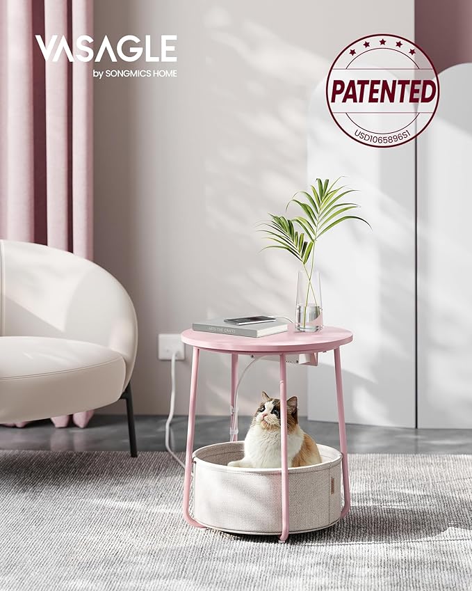 VASAGLE Side Table with Charging Station, Round End Table with Fabric Basket, Nightstand with Power Outlets, USB Ports, for Living Room, Bedroom, Modern, Jelly Pink and Cream White ULET228R01-Ruum Studio Home