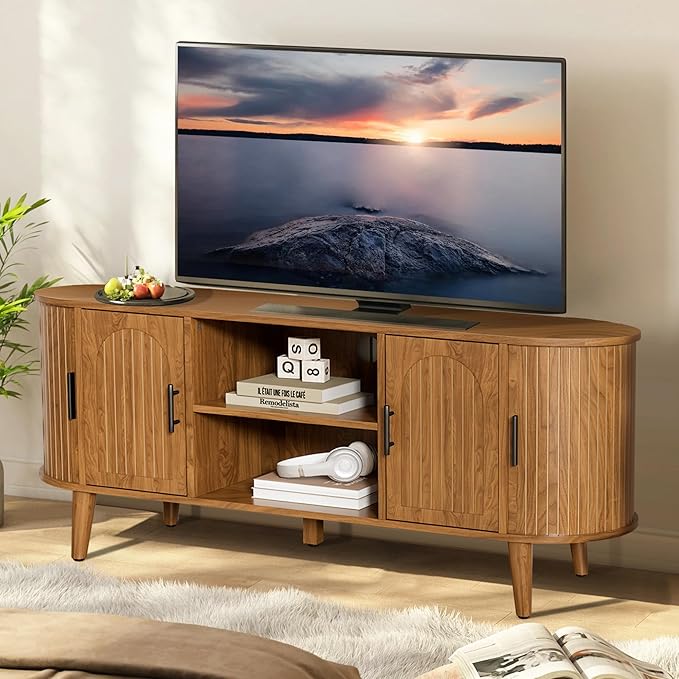 51" Fluted TV Stand, Mid-Century Modern Entertainment Center for Tvs up to 60" with Drawers and Fluted Doors, Curved TV Media Console Table with Sliding Doors for Living Room, Bedroom (51")-Ruum Studio Home