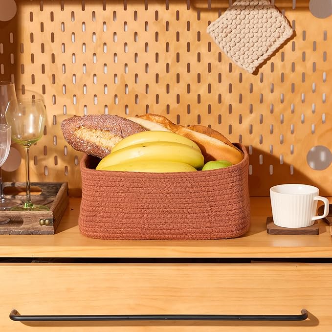 Small Storage Baskets for Organizing | Closet Organizer Bins | Shelf Toy Basket | Woven Rope Baskets | Cube Decorative Box | Shallow Basket | 11.5x7.5x4.7” | 3 Packs Oxide Red-Ruum Studio Home