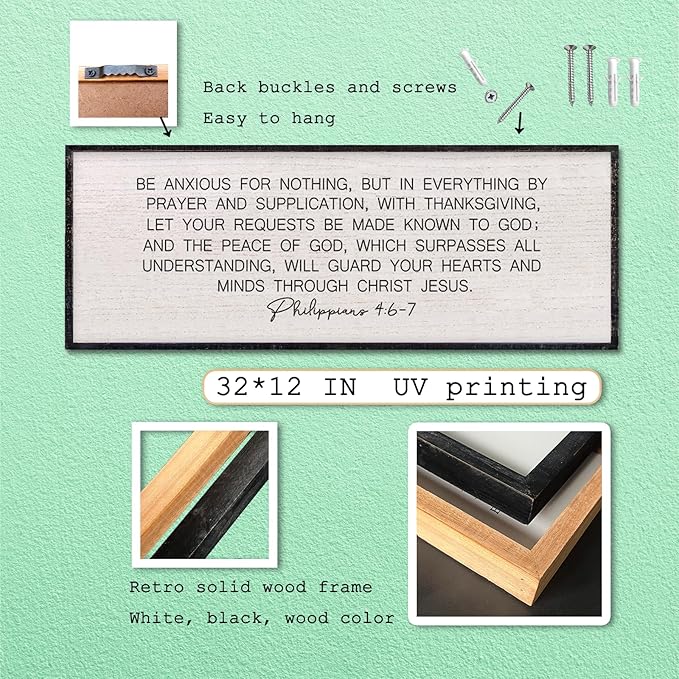 LuZhiQiang Be Anxious for Nothing Wall Decor 32"×12" Philippians 4:6-7 Bible Verse Sign Large Christian Scripture Wood Framed Hanging Decor (Black)-Ruum Studio Home