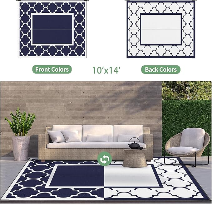 GENIMO 10' x 14' Outdoor Rug Waterproof for Patio, Foldable Reversible Plastic Straw Area Rugs Mat for Rv Decor, Outside Carpet for Camper, Deck, Picnic, Beach, Balcony, Porch, Blue & White-Ruum Studio Home