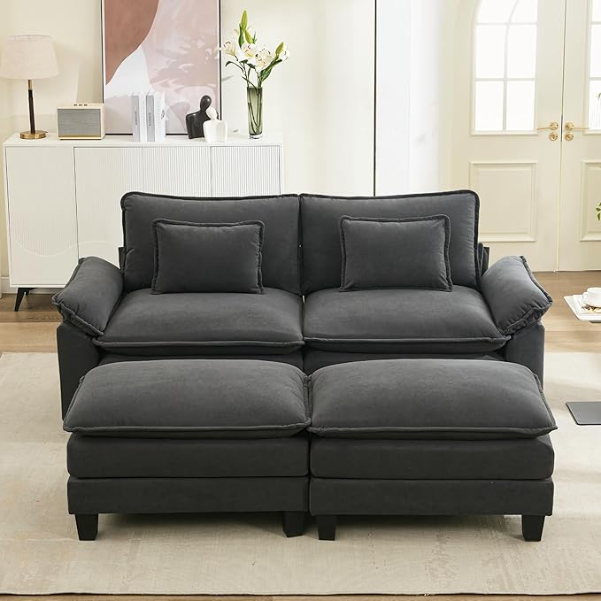 URRED Modular Sectional Sofa Comfy Cloud Couch, Modern Velvet Sofa Sleeper Deep Seat Couches with Ottoman/Pillows for Living Room (Dark Gray, 82.6''- 2 Ottomans)-Ruum Studio Home