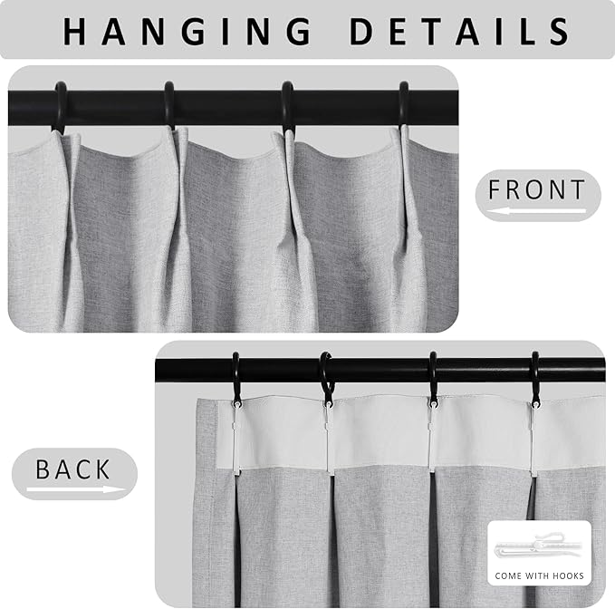 Macochico Extra Wide Full Blackout Linen Curtains for Sliding Door Silver Grey Pinch Pleated Linen Curtains 96 Inches Long for Bedroom Living Room Farmhouse with Tieback 120”Wx96”L 1 Panel-Ruum Studio Home