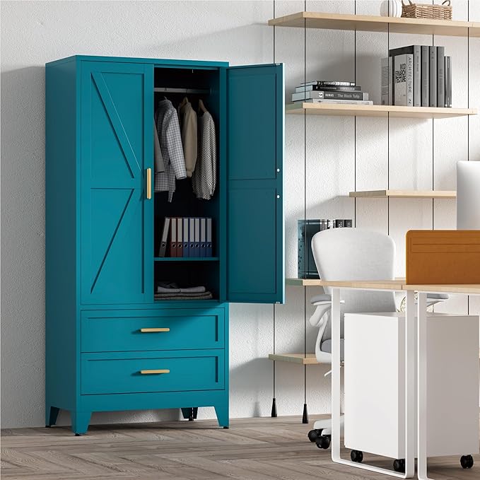 71'' Farmhouse Metal Wardrobe Cabinet with Hanging Rod, 2 Barn Door Wardrobe Closet with Adjustable Shelves,2 Drawer,for Dining Room,Bedroom,Living Room, Cloak Room,Office (Peacock Blue)-Ruum Studio Home