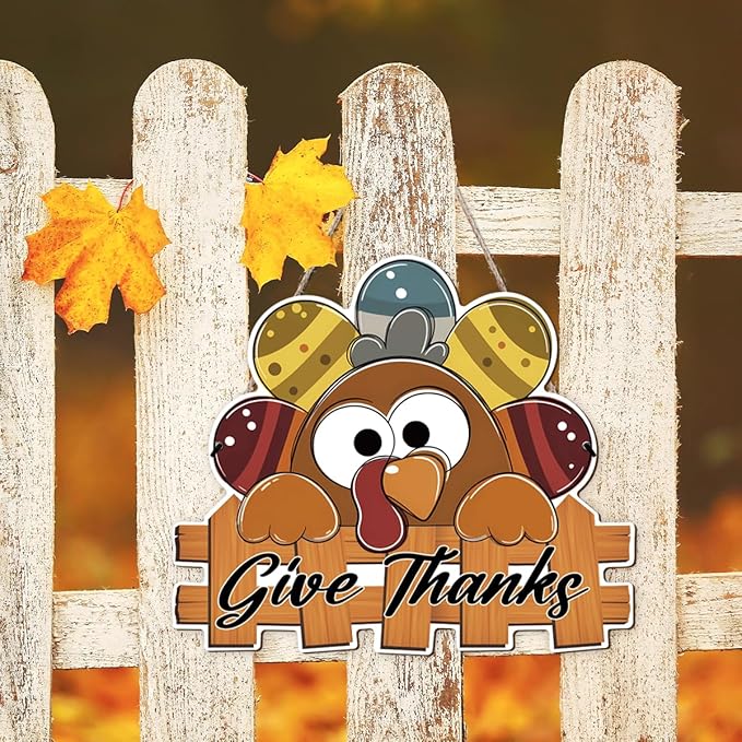 Give Thanks Sign Turkey Front Door Decor Thanksgiving Day Wood Door Hanger, Fall Wooden Thankful Wreath Hanging Decoration for Outdoor Outside Porch, Housewarming Gift-Ruum Studio Home