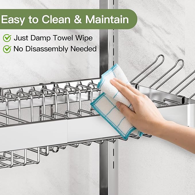 3 Tier Extra Large Stainless Steel Expandable Over The Sink Dish Drainer Drying Rack, Rust Proof Metal, Space Saving, Modern Silver Big Capacity Extendable Plate Strainers Above Kitchen Counter-Ruum Studio Home