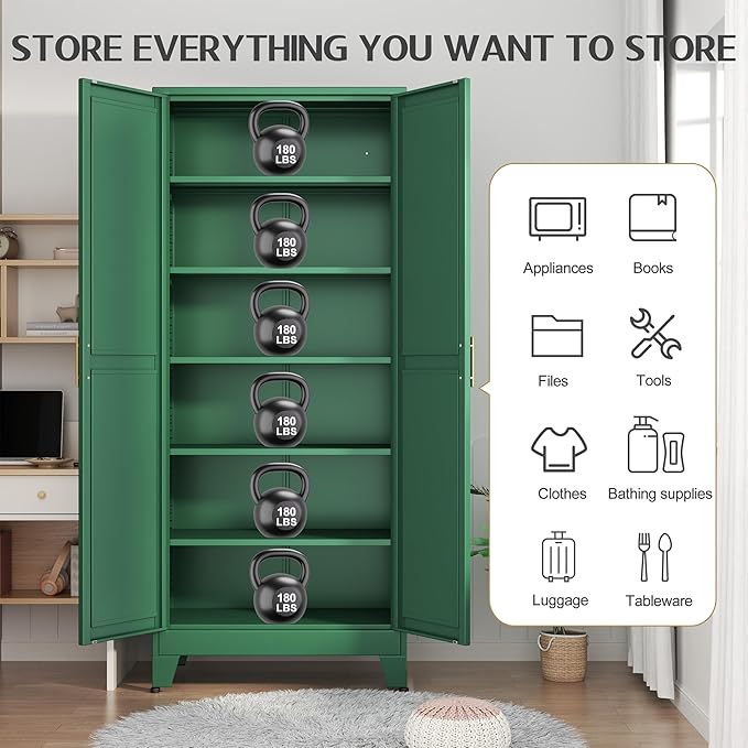 75.2" Tall Kitchen Food Pantry, Pantry Cabinet with 2 Door and 5 Adjustable Shelves, Green Laundry Room Cabinets, Freestanding Pantry for Kitchen, Study Room, Dining Room and Entryway-Ruum Studio Home