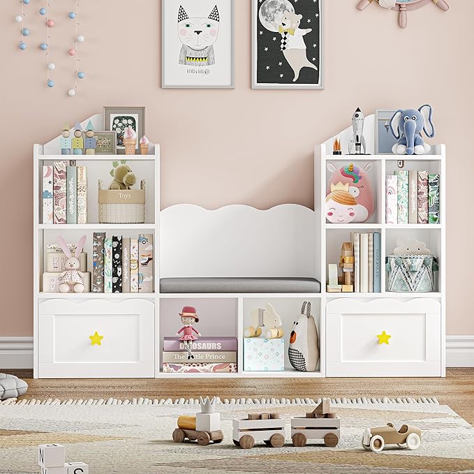 Kids Bookshelf with Reading Nook, Kids Bookcase with Soft Cushion Seat, 2 Wheels Drawers and 8 Storage Cubbies, Toy Storage Organizer for Kid's Room Playroom, Bedroom, School, White-Ruum Studio Home