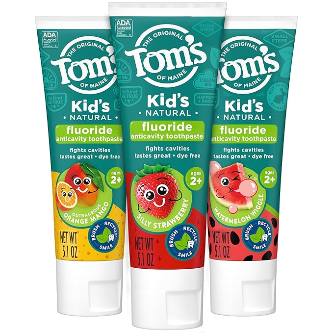 Tom's of Maine Anticavity Kids Natural Toothpaste Variety Pack, Strawberry, Orange Mango, Watermelon Flavors, Kids Toothpaste with Fluoride, Safe for Ages 2 and Up, 5.1 oz (Pack of 3)-Ruum Studio Home