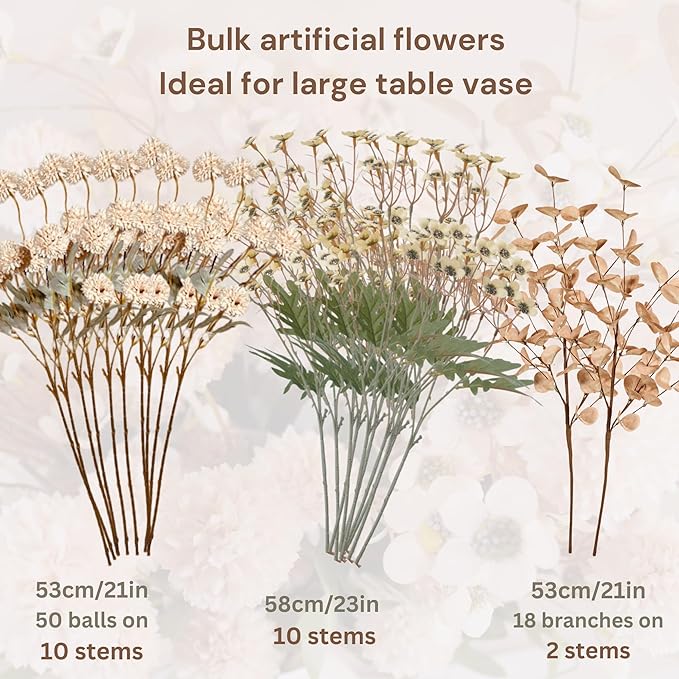 Beige Silk Flower Arrangements For Home Decor, Large Floral Centerpieces For Tables, Fake Mums + Eucalyptus + Wild Flowers in Bulk, Long Stem Artificial Flowers Coffee Dining Table, Faux Mums Flowers-Ruum Studio Home