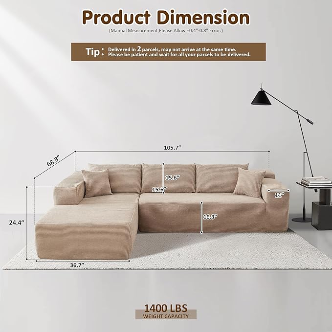 ovios 104" Cloud Sectional Couch with L-Shape Chaise,Modern Modular Sofa with Deep Seat, Upholstered Couches for Living Room Bedroom,No Assembly Required, Camel (Corduroy Fabric)-Ruum Studio Home