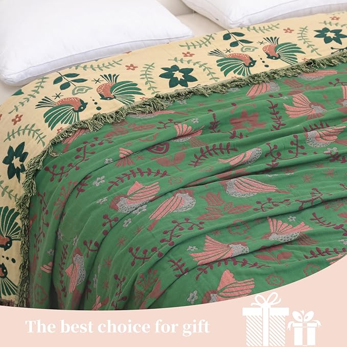 Boho Throw Blanket for Bed, 100% Pure Cotton Ultra Soft Rustic Quilt, Farmhouse Decor Bed Blankets, All Season Rustic Throw for Sofa Couch Chair(60"×80", Bird B)-Ruum Studio Home