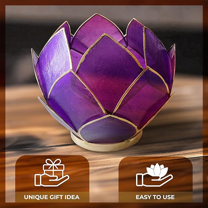 Blooming Lotus Capiz Shell Tealight Candle Holder, Handcrafted Decorative Tea Light Candleholder with Translucent Flower Petals for Ambient Illumination and Natural Elegance, Purple-Ruum Studio Home