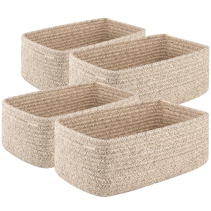 4 Pack Small Storage Shelf Baskets for Organizing, Mini Woven Rope Storage Bins for Towels, Cute Decorative Closet Organizer，Baby Nursery, Gift Empty Baskets -11.81''Lx7.87''Wx4.72''H'-Brown-Ruum Studio Home