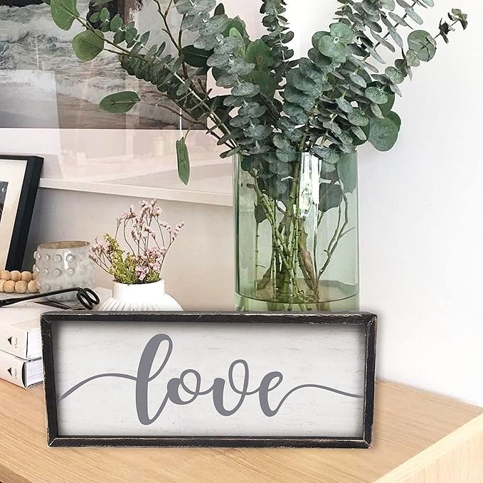 Love Framed Rustic Freestanding Sign Home Decor for Living Room Bedroom - Love Wall Art in Solid Wood Thick Black Frame 12x5 Inches for Couples-Ruum Studio Home