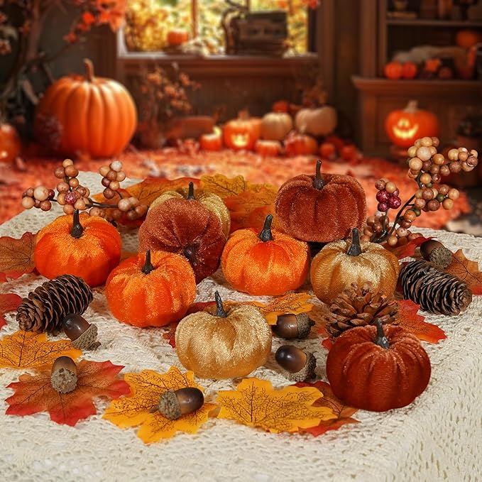 Artmag 51 PCS Artificial Fabric Pumpkins, Fall Harvest Decorations with Acorns, Pinecones, Berries, Maple Leaves for Fall Thansgiving Halloween Decoration-Ruum Studio Home