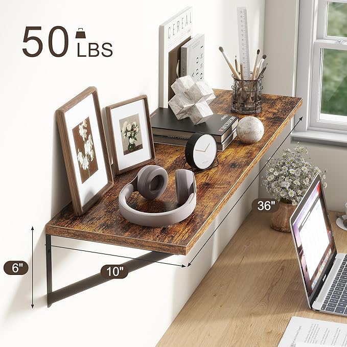 36"W x 10"D Floating Shelves, 10 Inch Deep Floating Shelves, Farmhouse Rustic Deep Wall Shelves for Home Decor, Wide Large Floating Shelf for Bathroom, Living Room, Kitchen, Study Room, Rustic Brown-Ruum Studio Home