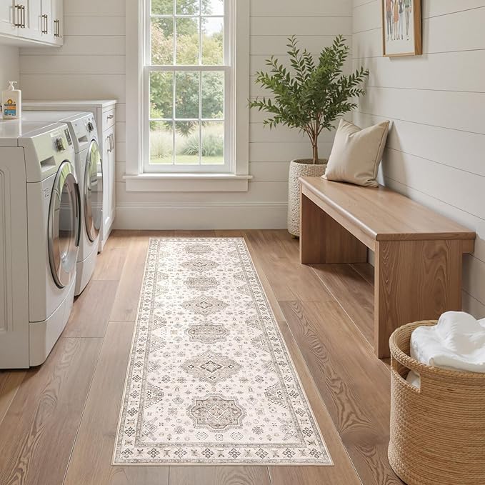 Washable 2x6 Runner Rug - Area Rugs Neutral Vintage Distressed Floral Farmhouse Boho Large Soft Floor Rug Indoor Carpet for Hallway Entryway Bedroom Kitchen - Beige Brown-Ruum Studio Home