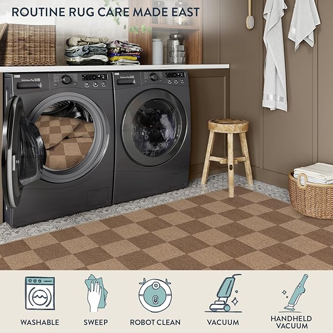 Lahome Checkered Easy Jute Living Room Rugs, 5x7 Large Dining Room Office Carpet Farmhouse Washable Area Rug, Checkerboard Neutral Non Slip Indoor Outdoor Carpet for Bedroom Entry Patio-Ruum Studio Home