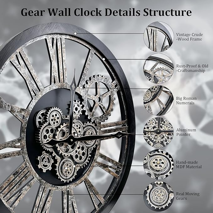HOIBAI Large Wall Clock, Wall Clocks for Living Room Decor 36 Inch Farmhouse Vintage Rustic Kitchen Wall Decor Vintage Roman Oversized Wall Clock for Home Bedroom House, Moving Gears Clock-Ruum Studio Home